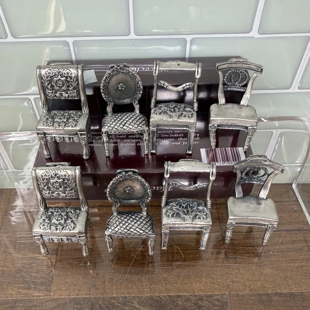 VTG Sixtrees Pewter Miniature Chairs Place Card Holders Set 8 Orig Box